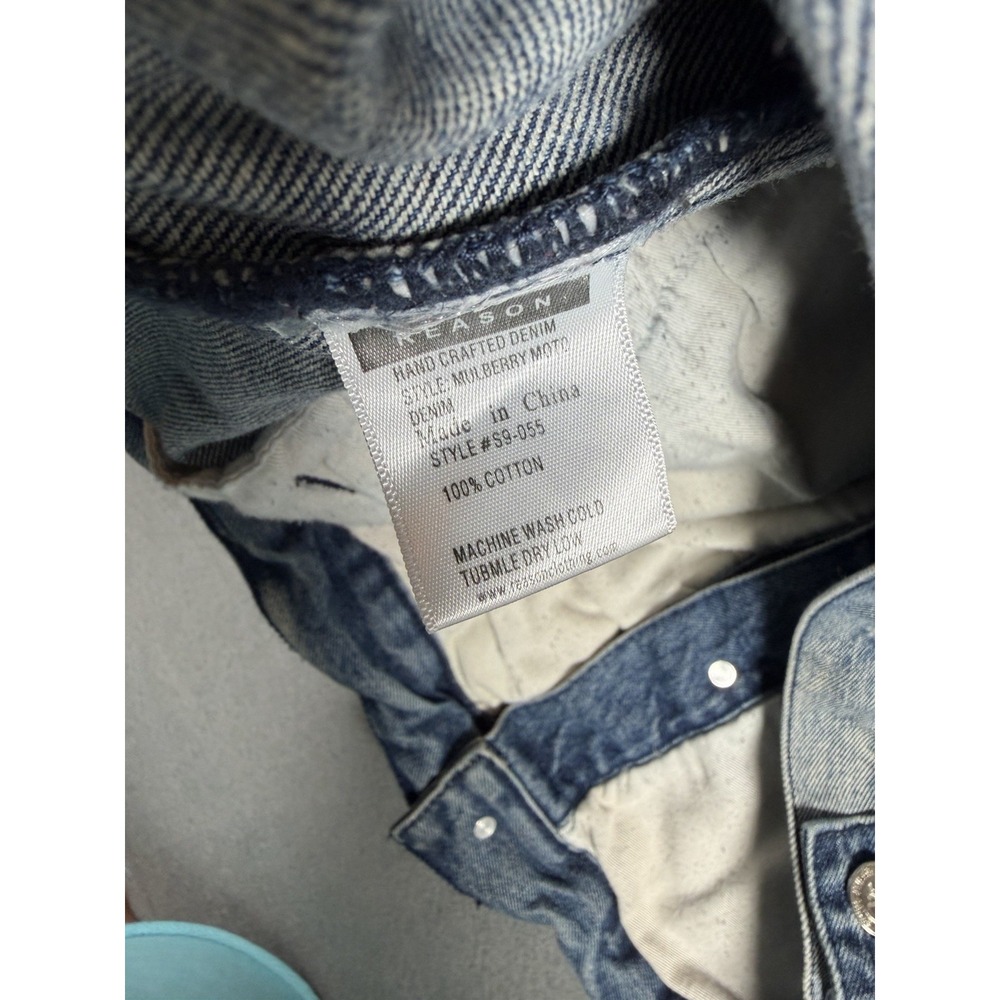 Reason Mulberry Moto Mens Acid Wash Graphic Denim Jacket 2XL Faux Fur Blue - Picture 8 of 8